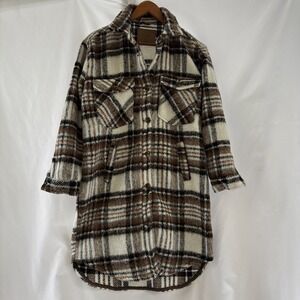 Blank NYC Womens‎ Small Plaid Shacket Jacket Fuzzy Button Down Brown White